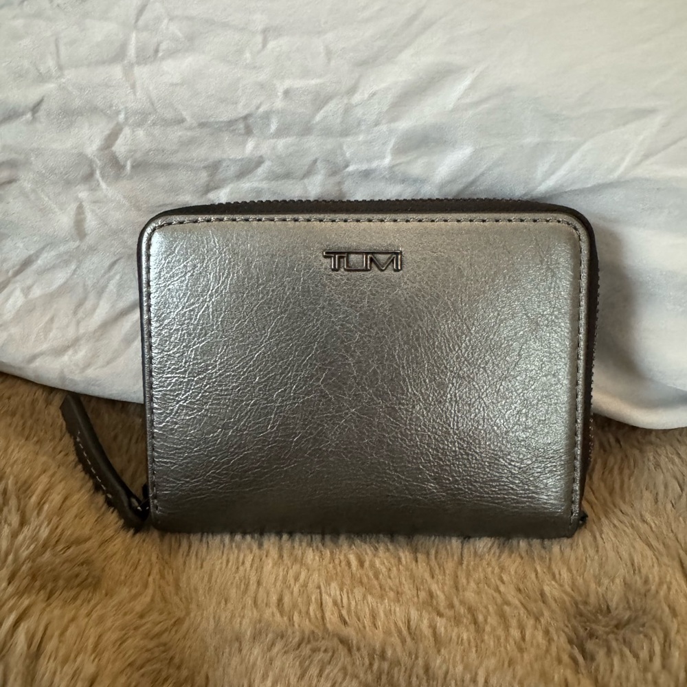 TUMI Metallic Gray Leather Trifold Wallet